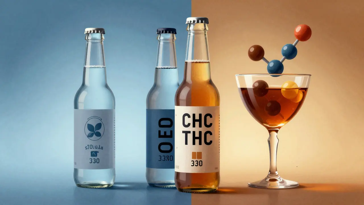 Rozdělený nápoj: jedna strana s CBD a stevií, druhá s THC a alkoholem, obě v láhvích.