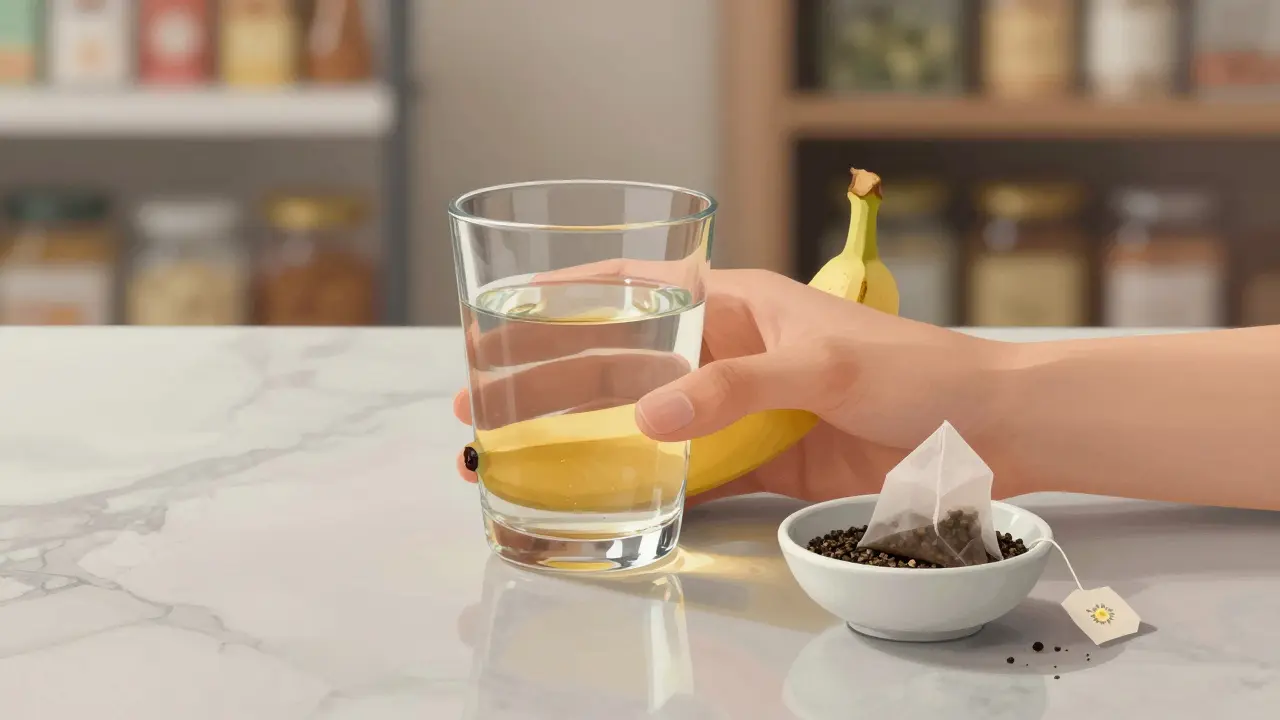 Ruce drží sklenici vody a banán, vedle nich černý pepř a čajový sáček na kámen.
