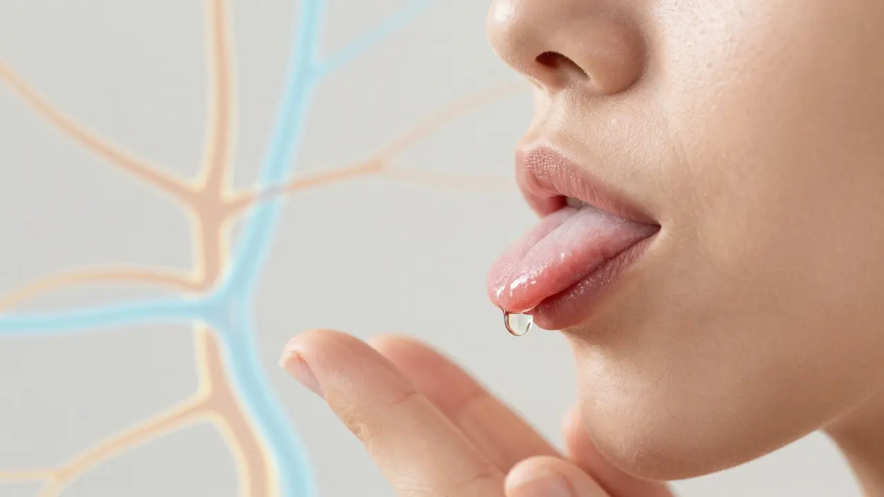 Ruka s kapkou CBD oleje pod jazykem, s abstraktními výrazy nervových cest a krevního oběhu na pozadí.