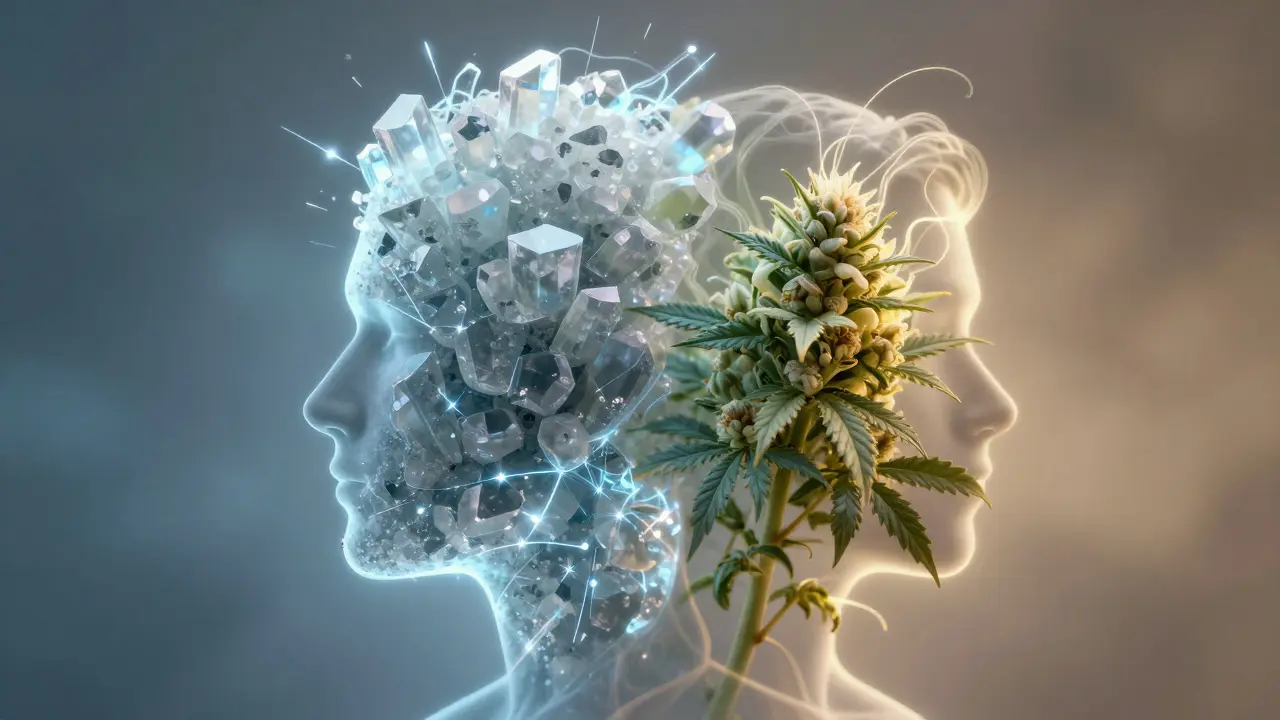 Schematický obraz člověka s jednou polovinou jako CBD shatter a druhou jako květ CBD.