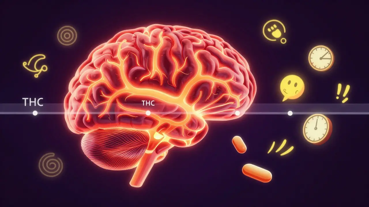 Schematický obraz mozku s intenzivními nervovými signály, které ukazují přeměnu THC na silnější látku v játrech.