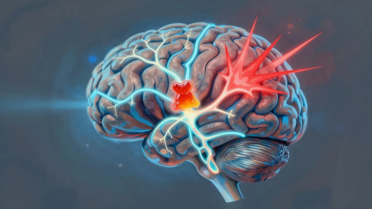 Surreální obrázek dospívajícího mozku, kde CBD blokuje nervové spojení a vyvolává znaky úzkosti.