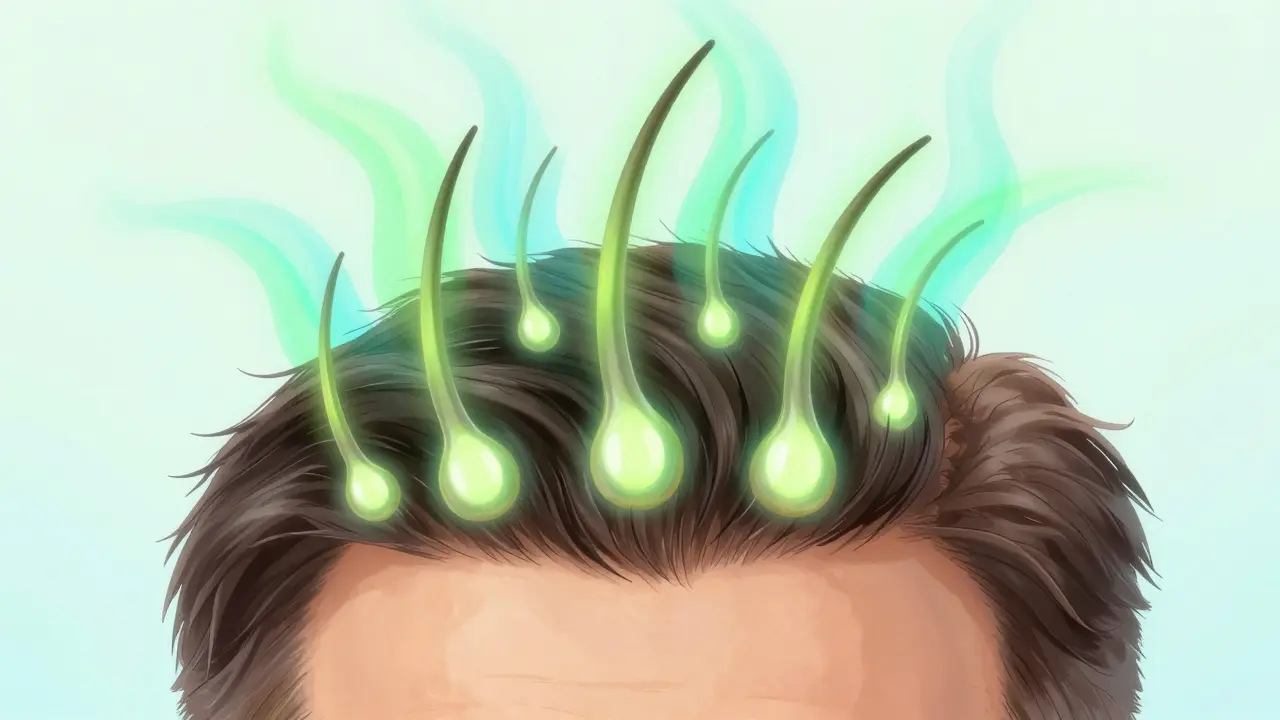 Zdravé vlasové folikuly s průtokem CBD protizánětlivých látek v kůži hlavy.