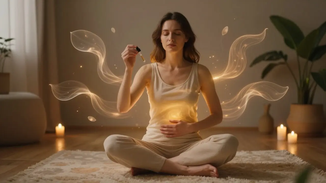Žena v klidné pozici s lahvičkou CBD oleje, okolo ní jemné zářivé tvary symbolizující uvolnění a zvýšenou citlivost.