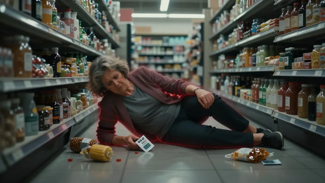 Žena v supermarketu ztrácí vědomí, kolem ní rozsypané potraviny, na pozadí balíček CBD gumiček.