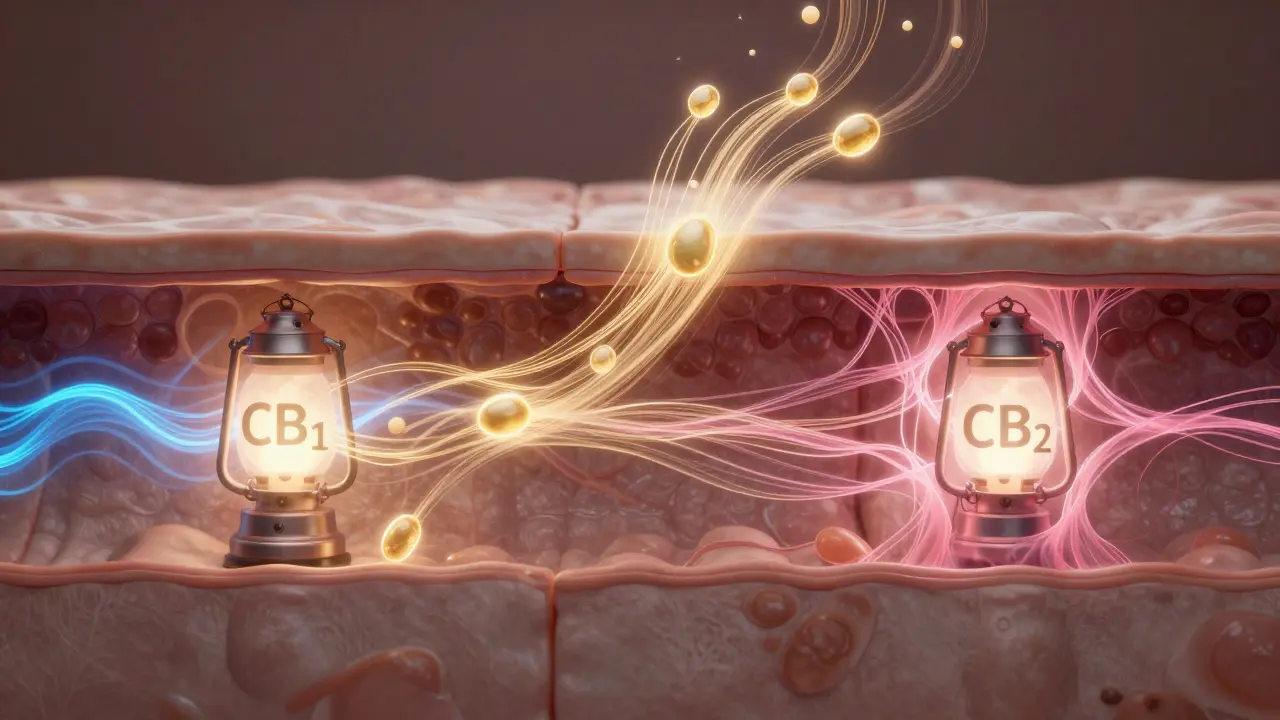 Abstraktní znázornění CBD interagujícího s receptory CB1 a CB2 v kůži, s vizuálními efekty uklidňování zánětu.