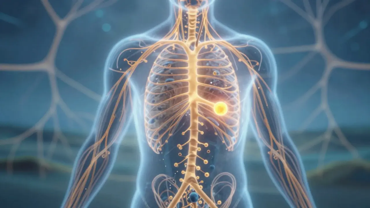 Abstraktní znázornění CBD molekul ovlivňujících nervové buňky.