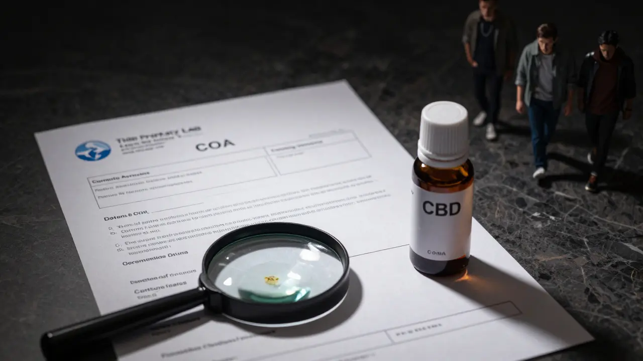 Certifikát kvality CBD nápoje s viditelnými stopami THC pod lupou.