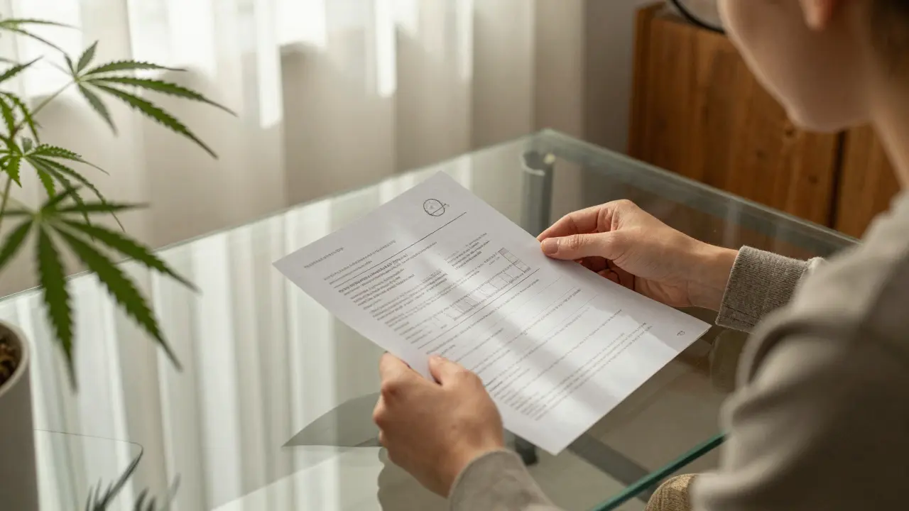 Člověk zkontrolovat certifikáty kvality CBD produktu