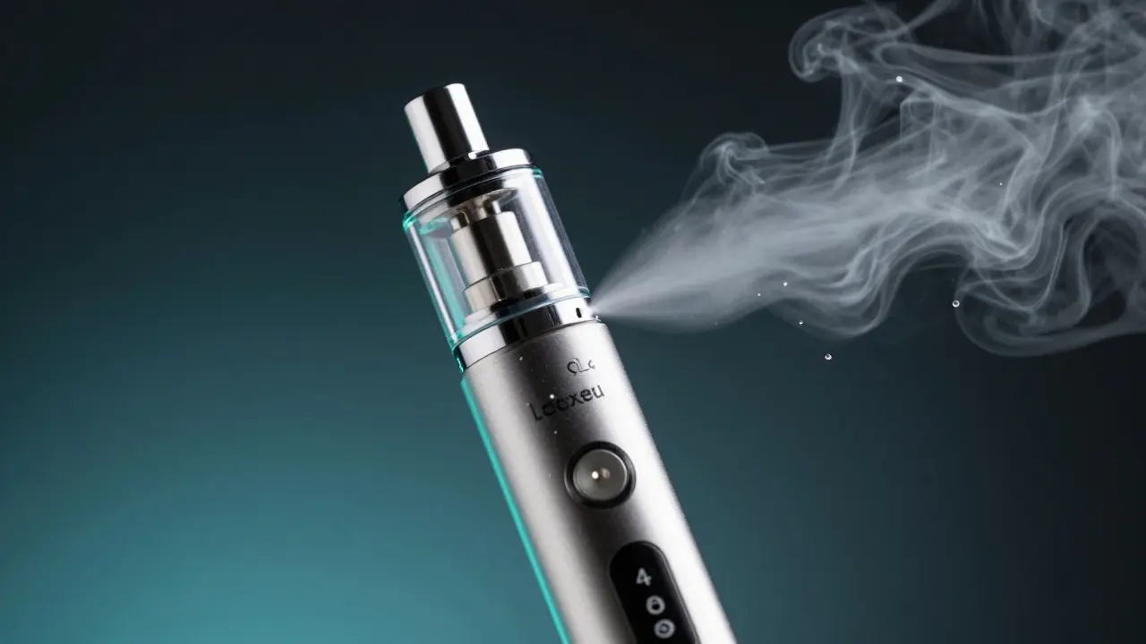 Detailní záběr elektronického vapera s vyzařující mlhou