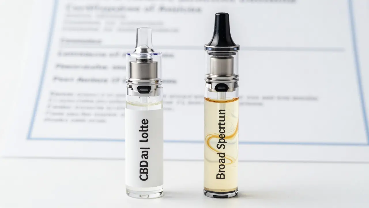 Dva kartridže CBD oleje s označením 'Izolát' a 'Široké spektrum' na bílé podložce s certifikátem COA.