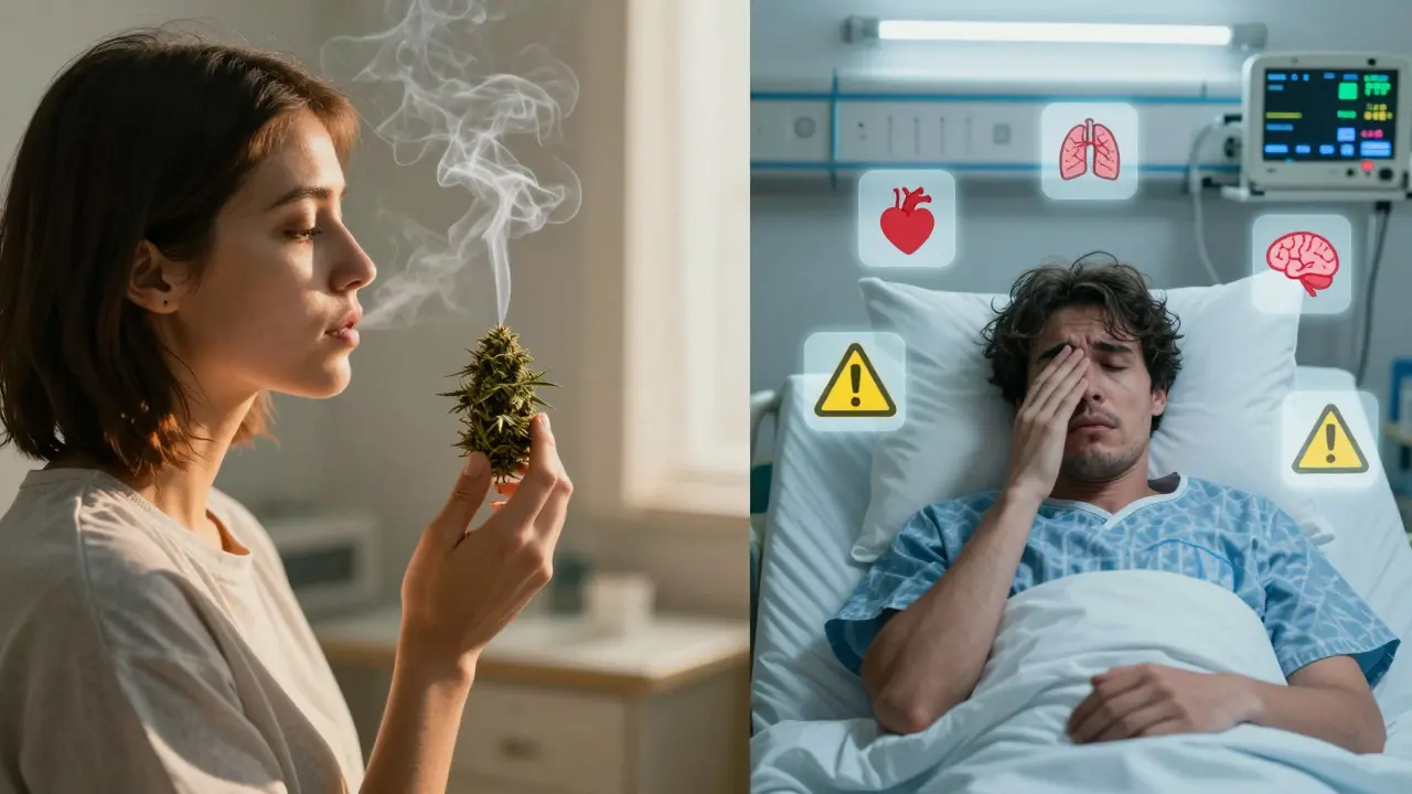 Dvě strany: klidné kouření konopí vs. nemocný pacient v nemocnici, symbolizující bezpečné a nebezpečné volby.