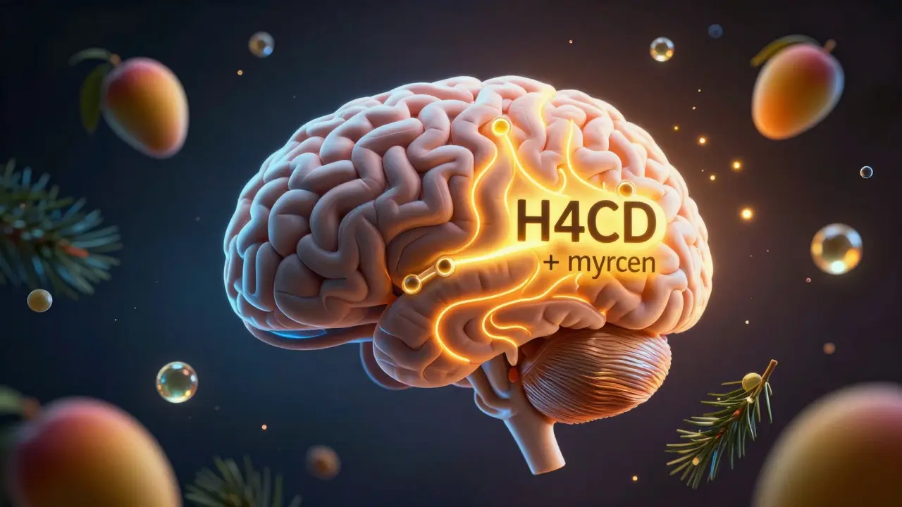 Human brain with two pathways showing enhanced absorption of H4CBD when combined with myrcen.