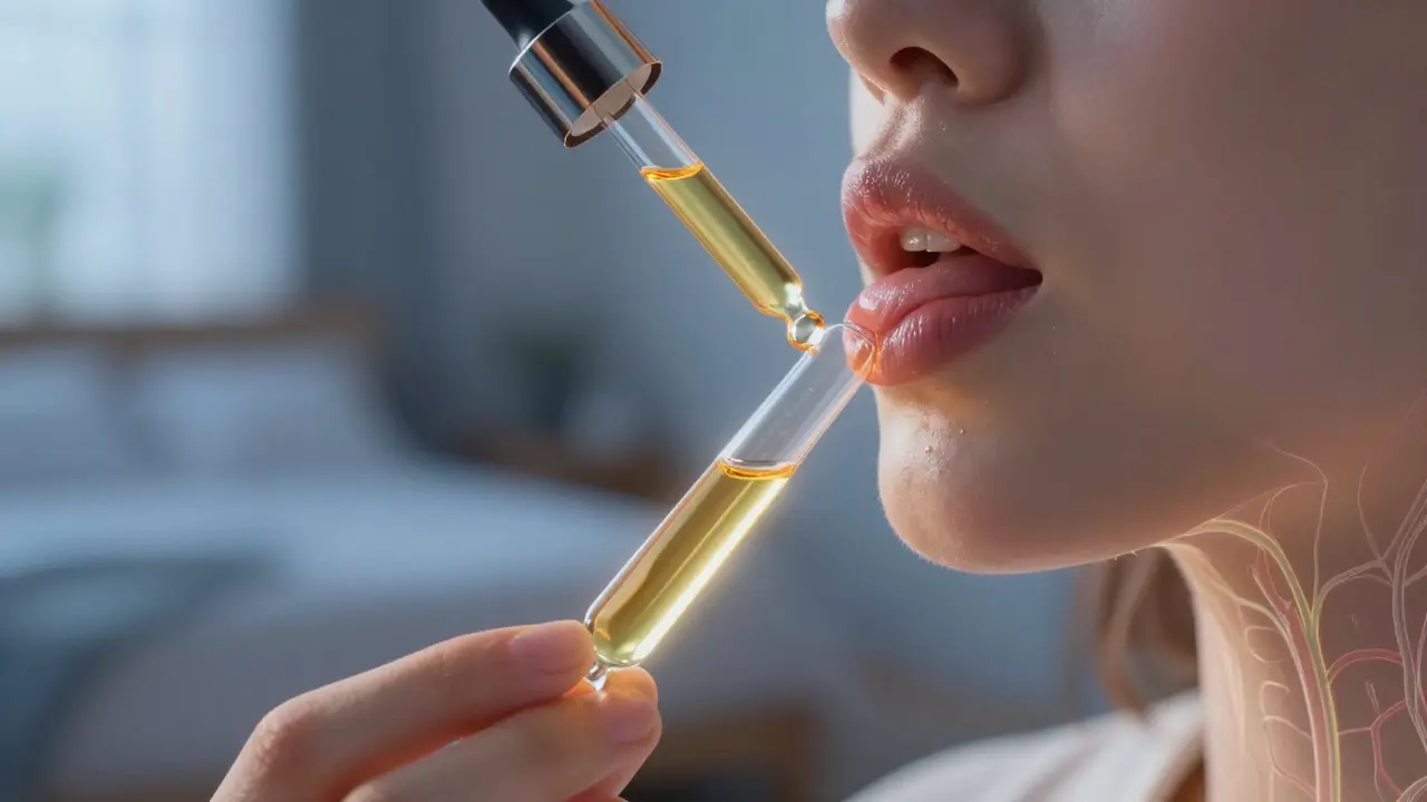 Kapky CBD oleje se vstřebávají pod jazykem, s vize krevních cév.