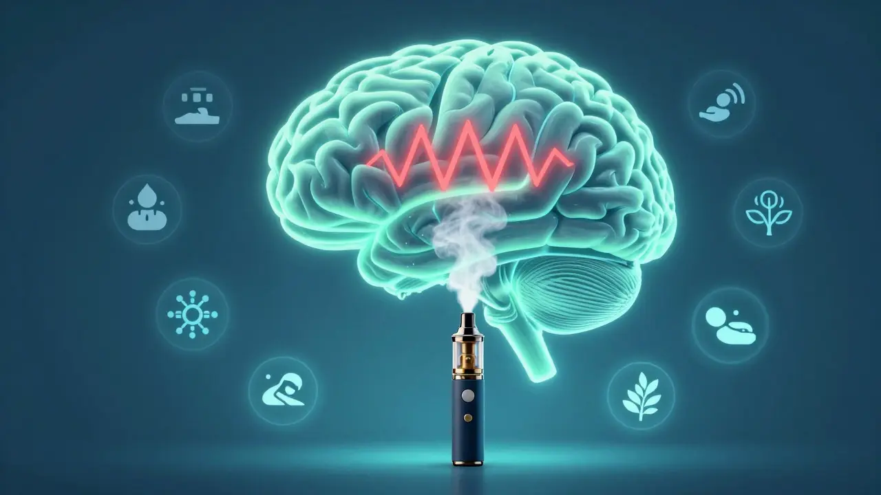 Klíčová část mozku uklidněná vdechovaným CBD paremi, symbolizující úlevu od úzkosti.