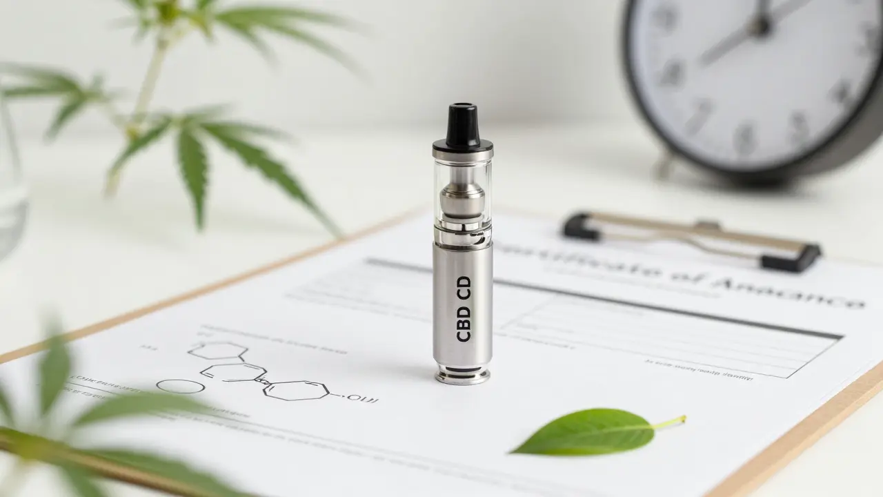 Kvalitní CBD kartuše s laboratorním protokolem na pozadí, zdůrazňující čistotu a důvěryhodnost.