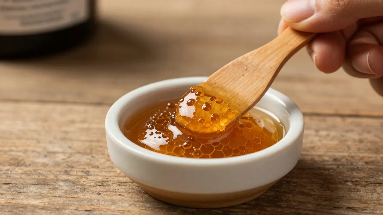 Měkký CBD dab v keramické mísce s dřevěnou špachtelkou.