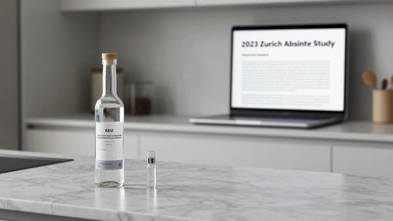 Modern glass of absinthe with EU certification label on counter in daylight