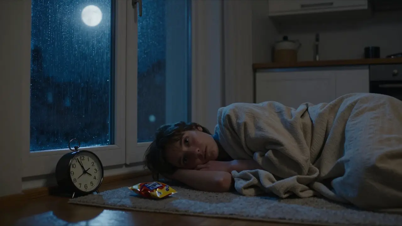 Muž leží na podlaze v temné místnosti, v očích zmatený výraz, kolem něj klidná noční atmosféra.