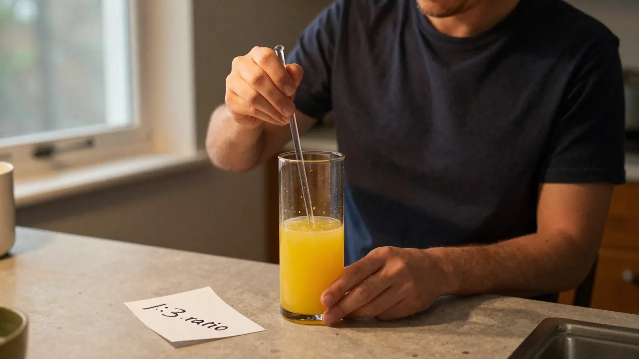 Osoba míchá Everclear s džusem v poměru 1:3 na kuchyňském stole.