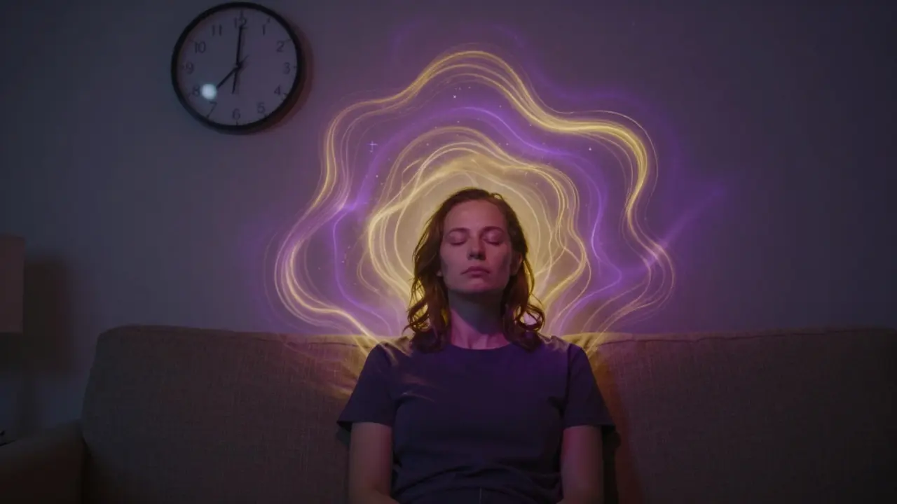 Osoba v klidu večer, obklopena vlnami energie symbolizujícími dlouhotrvající účinky HHCP.