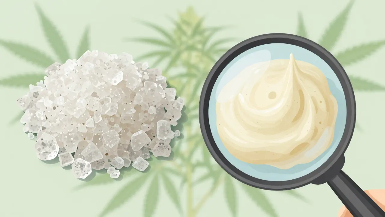 Přehled CBD shatteru a dabsu pod lupou s rostlinným pozadím.