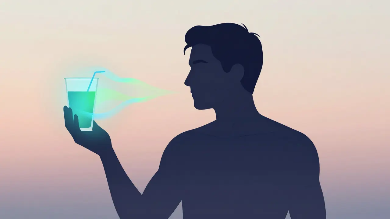 Silueta člověka s vlnami klidu vyzařujícími z CBD nápoje.