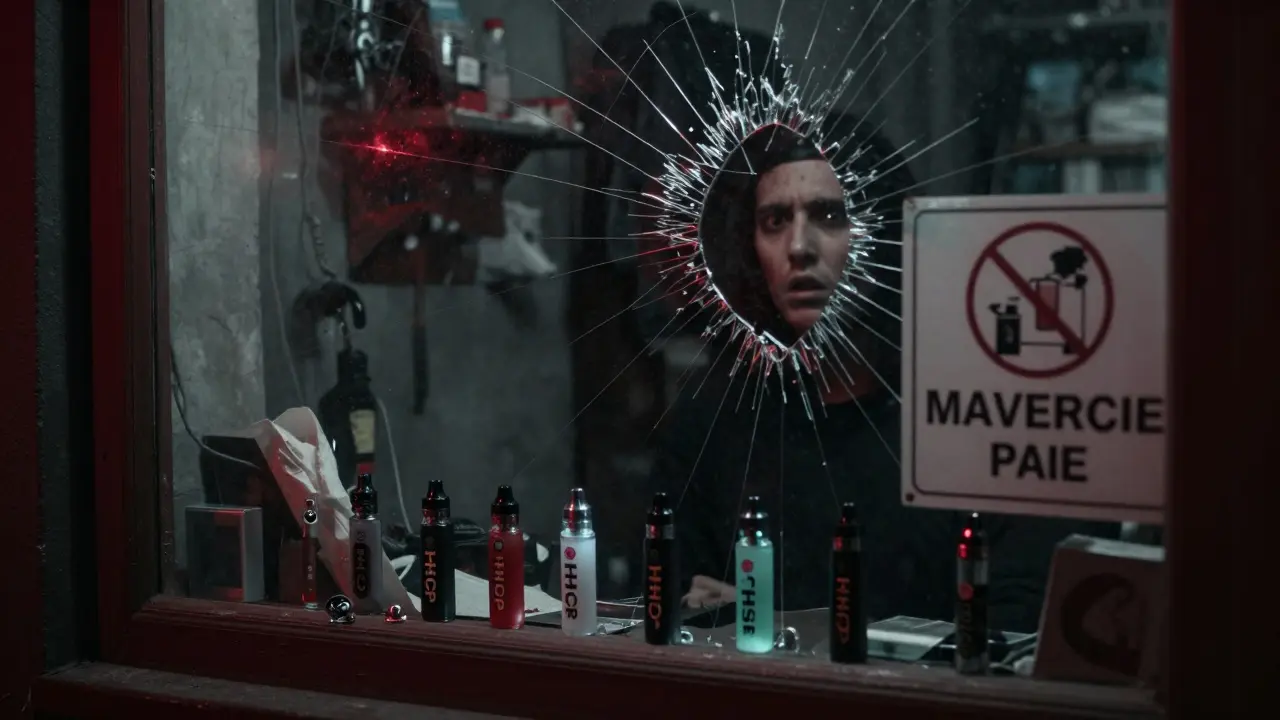 Tmavý obchodní okno s neoznačenými vape peny HHCP a zrcadlem odrazujícím strach.