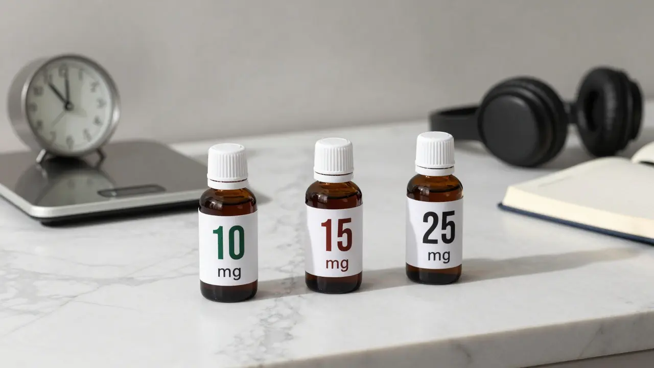 Tři láhve CBD nápoje s různými dávkami na stole s hodinami a sešitem.