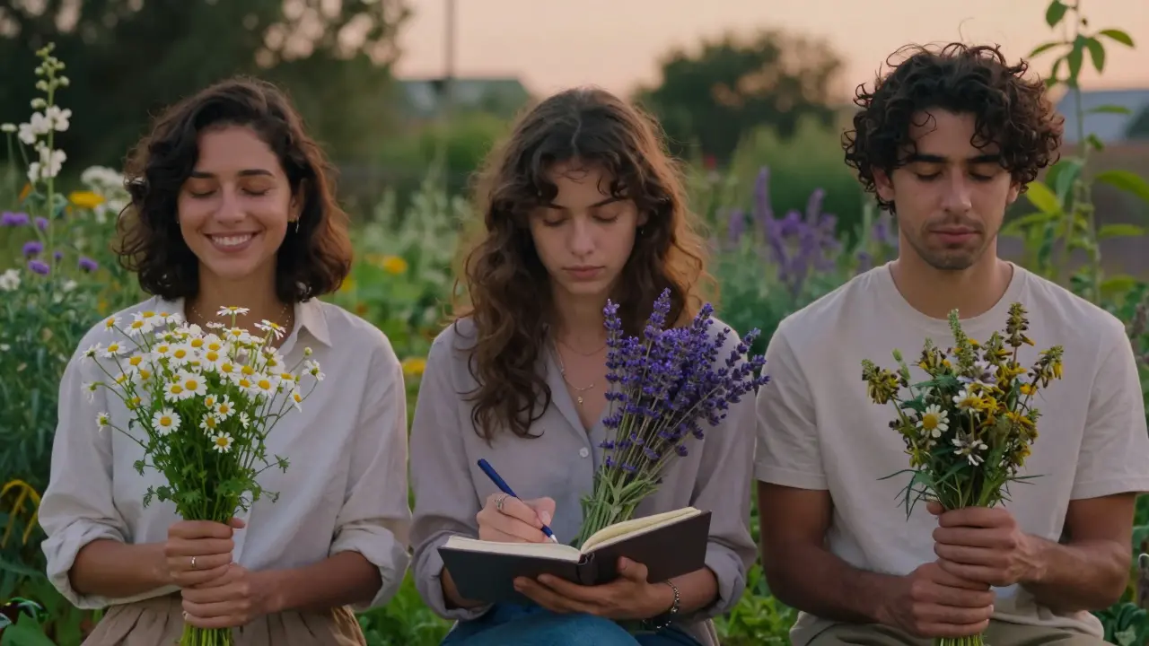 Tři lidé v zahradě drží různé byliny, zatímco jeden z nich dýchá hluboce ve večerním světle.