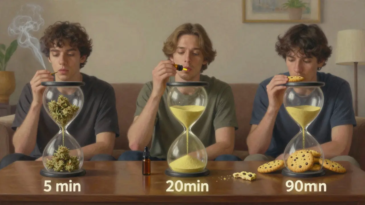 Tři metody užívání CBD s různými časy účinku v jednom prostředí.