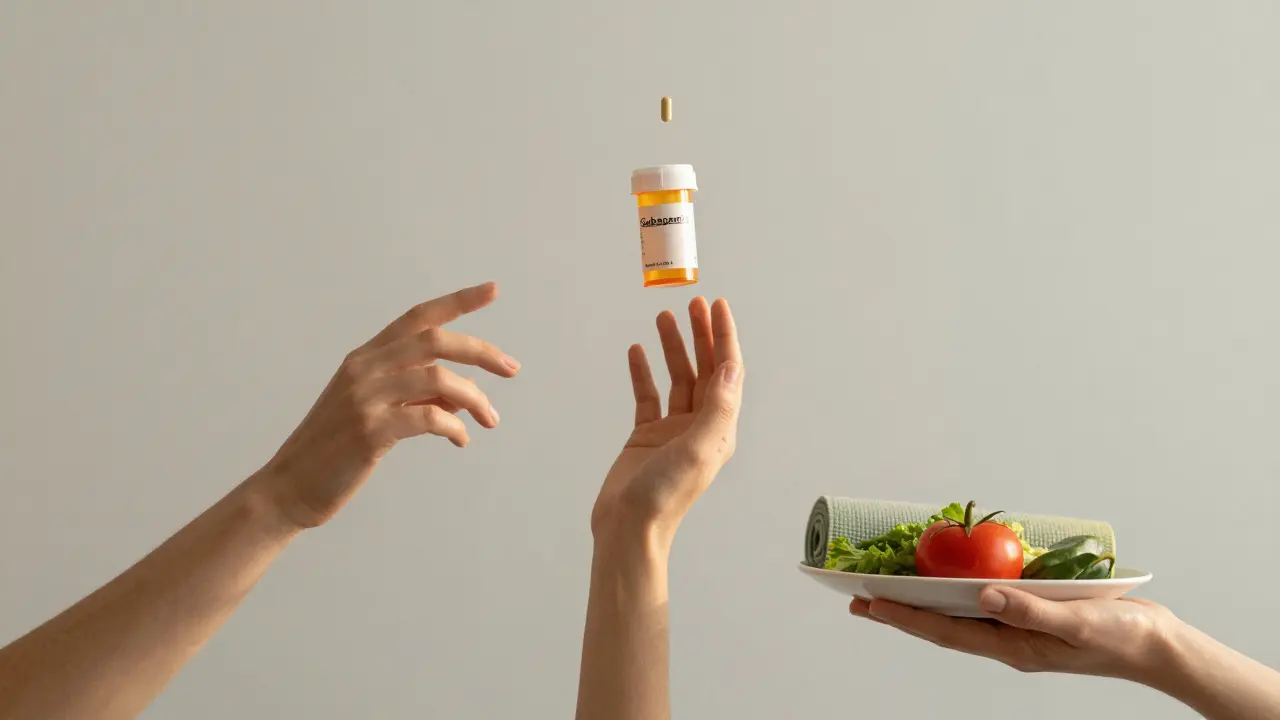 Tři ruky přistupují k CBD kapsuli jako symbol kombinované terapie bolesti.