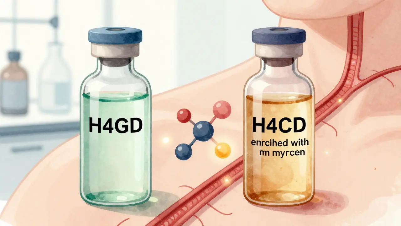 Two vials of H4CBD oil side by side, one pure and one enriched with myrcen, showing absorption differences.