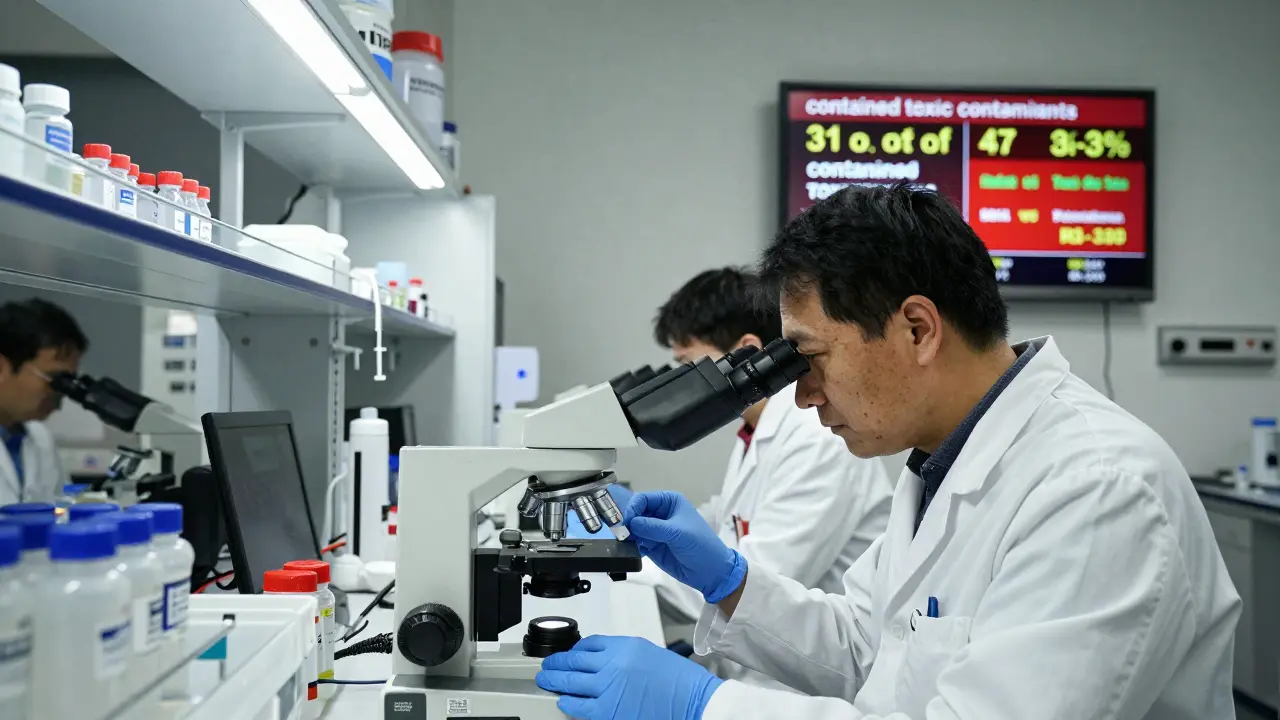 Vědci v laboratoři v Praze analyzují vzorky HHC-O s výsledky obsahující nebezpečné příměsi.