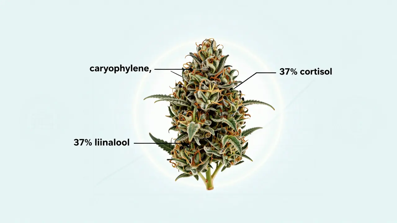 Vědecká ilustrace CBD květiny Harmony s terpeny a grafem snížení kortizolu.