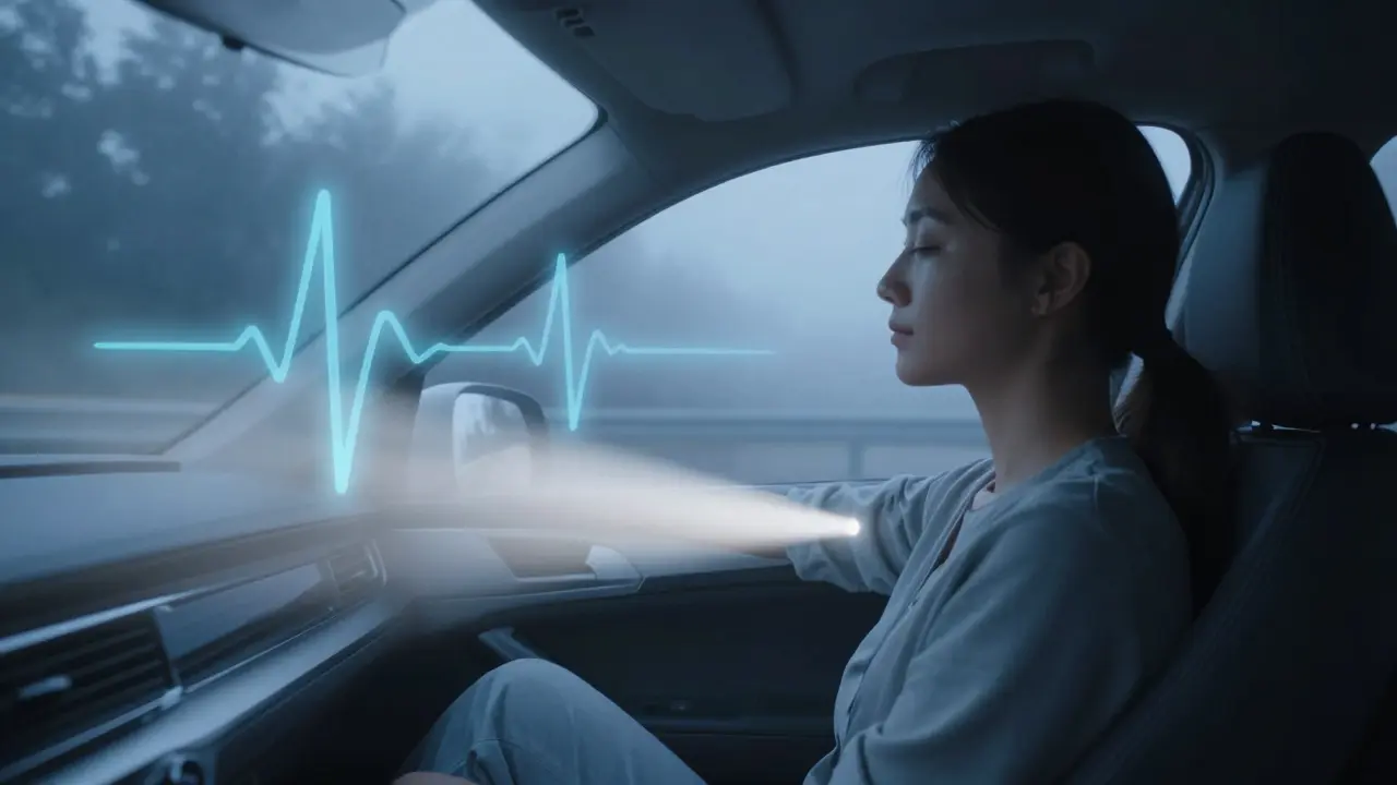 Žena řídí noční jízdu na dálnici, kolem ní jemné symboly klidu, atmosféra klidu a svobody.