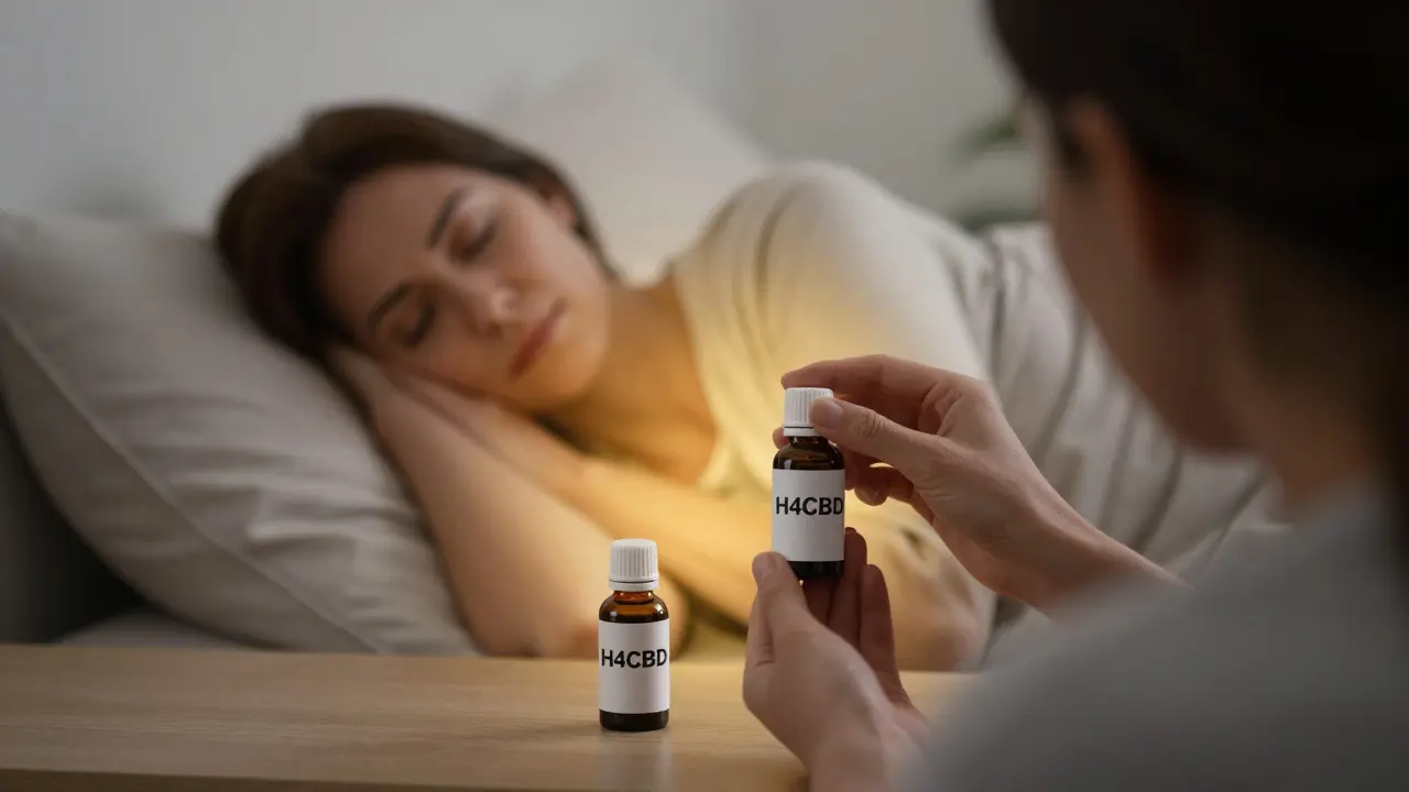 Žena v klidu s láhvičkou H4CBD, zatímco v pozadí je nebezpečný, neoznačený produkt – symbolizující bezpečné a nebezpečné používání.