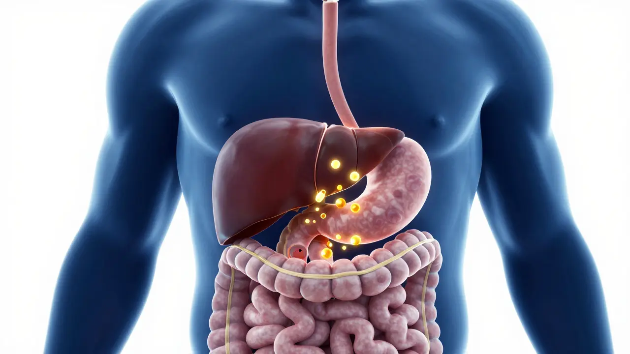 3D ilustrace cesty CBD z trávicího traktu přes játra do krevního oběhu.