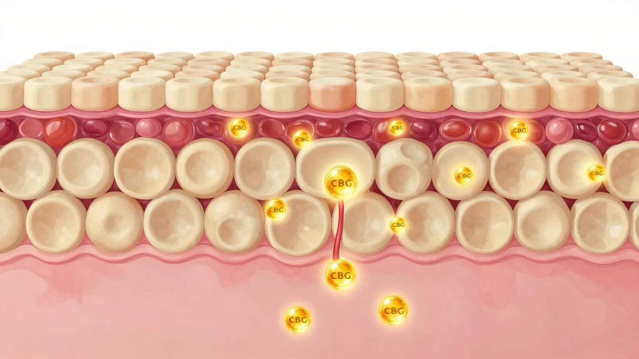 3D schéma průniku molekul CBG skrz vrstvy lidské kůže.