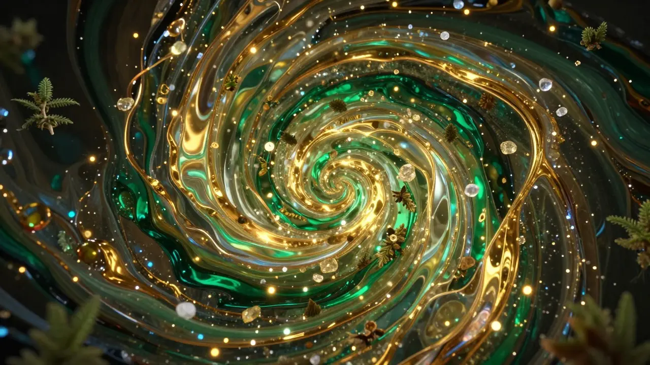Abstraktní spirála tekutého zlata a zeleně znázornující efekt doprovodu.