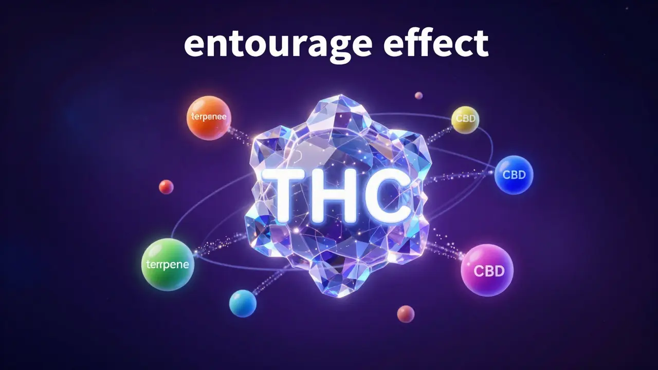 Abstraktní znázornění molekul THC a CBD a efektu doprovodu.