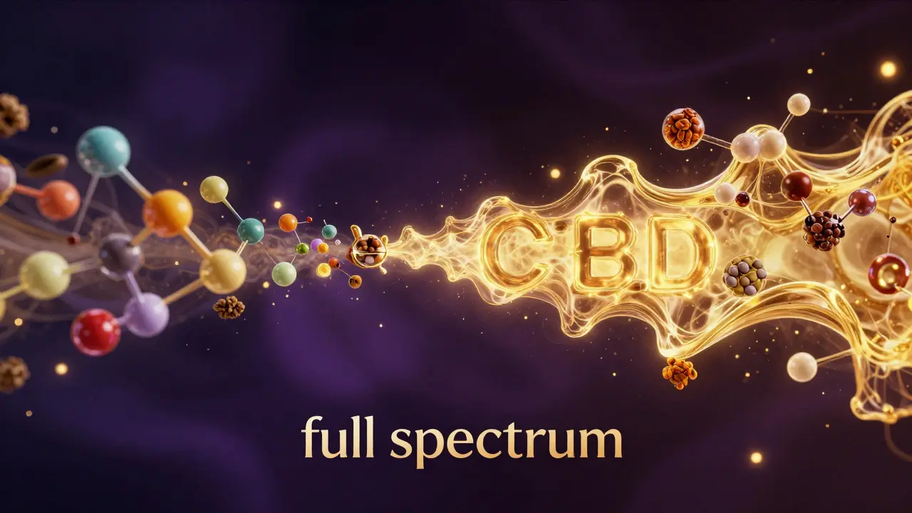 Abstraktní znázornění synergie CBD a terpenů v podobě zlatého světla a molekul.