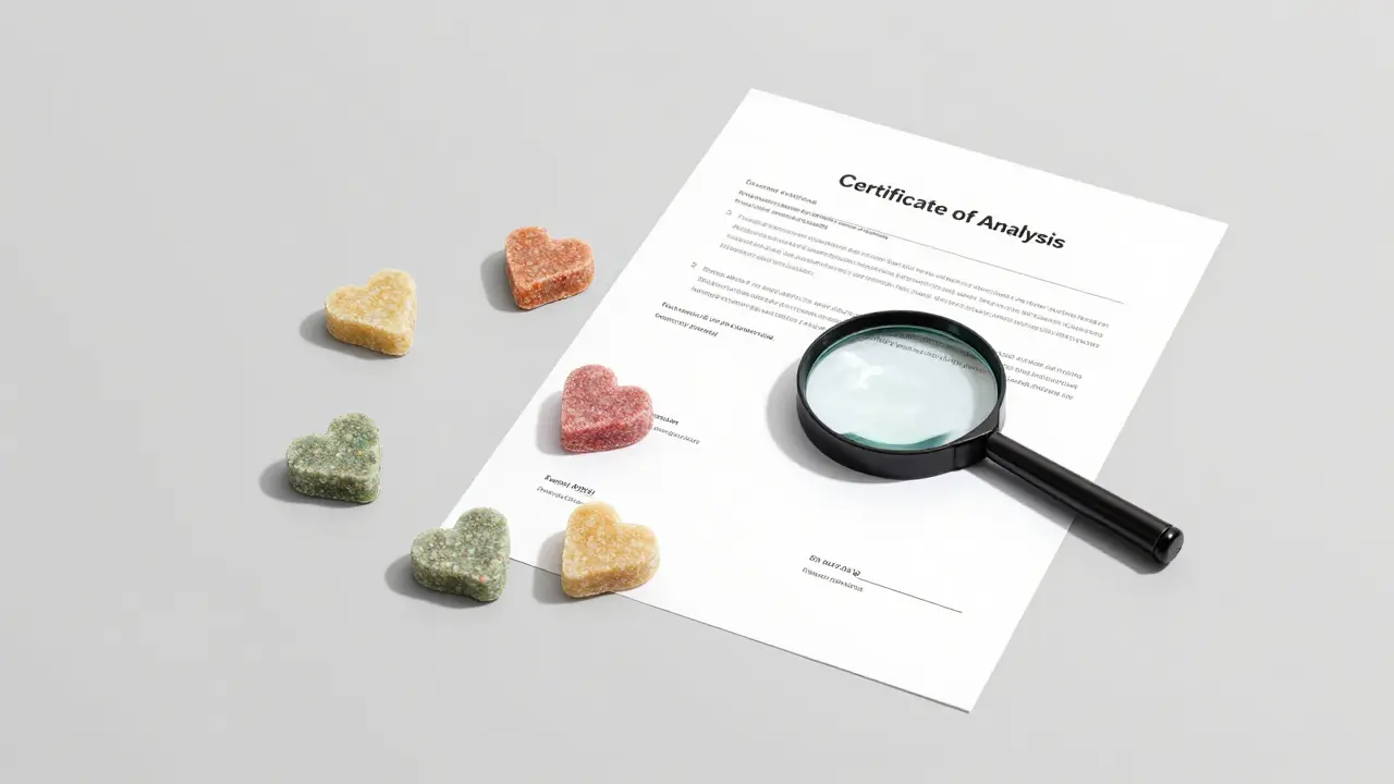 CBD žvýkací bonbony pro psy vedle laboratorního certifikátu CoA.