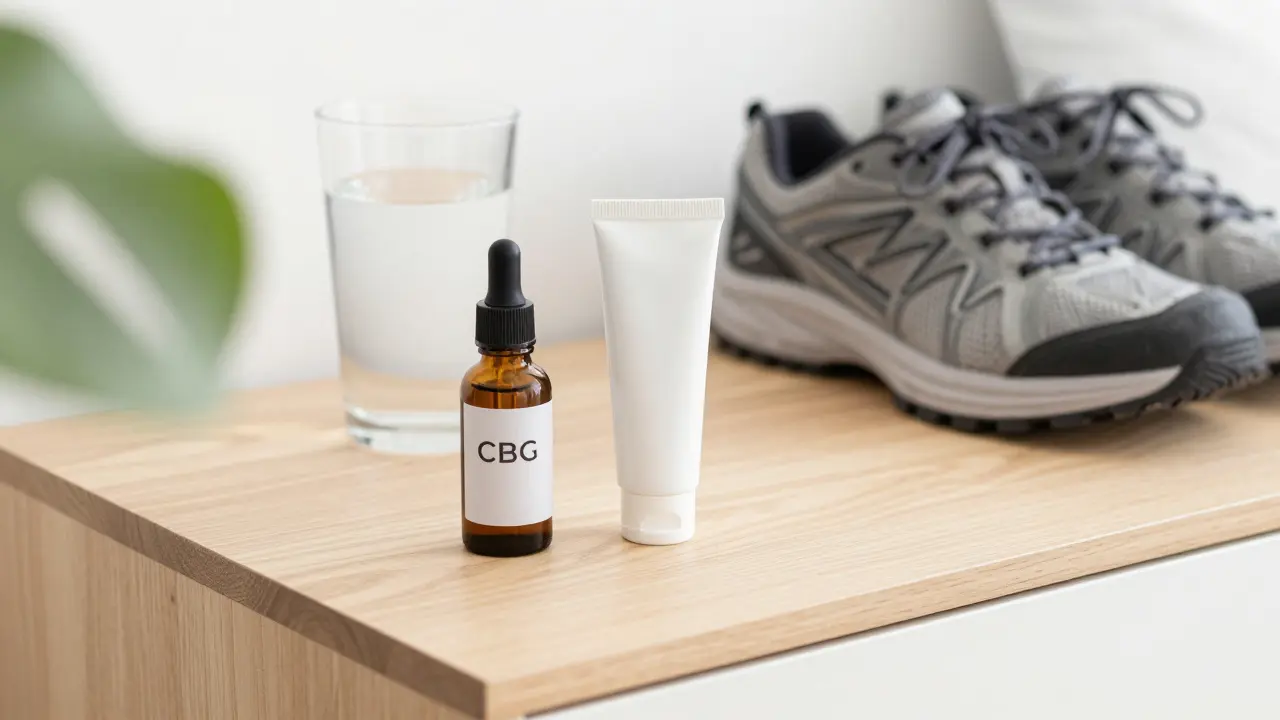 CBG olej a krém na stole s botami v pozadí, symbolizující návrat k pohybu.
