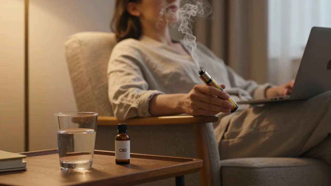 Člověk relaxující v křesle s CBD vaporizérem v útulně osvětleném interiéru.