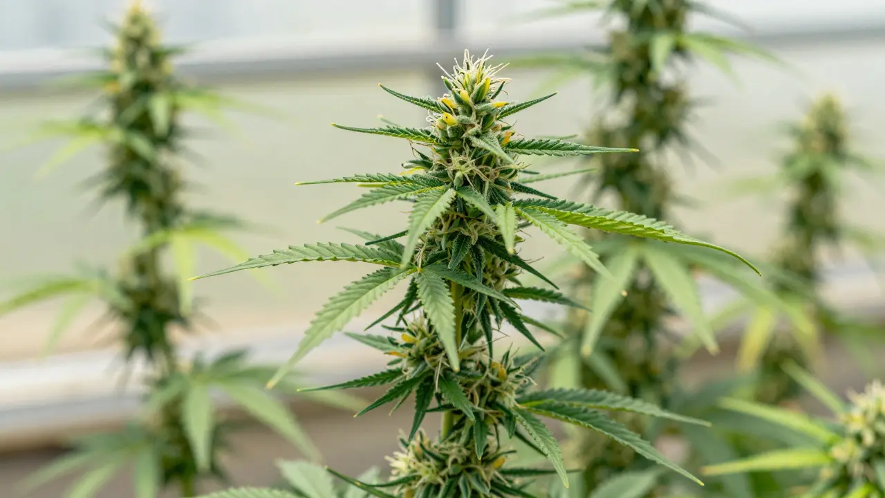 Detailní makro snímek vysoké konopné rostliny typu Sativa v přirozeném světle.