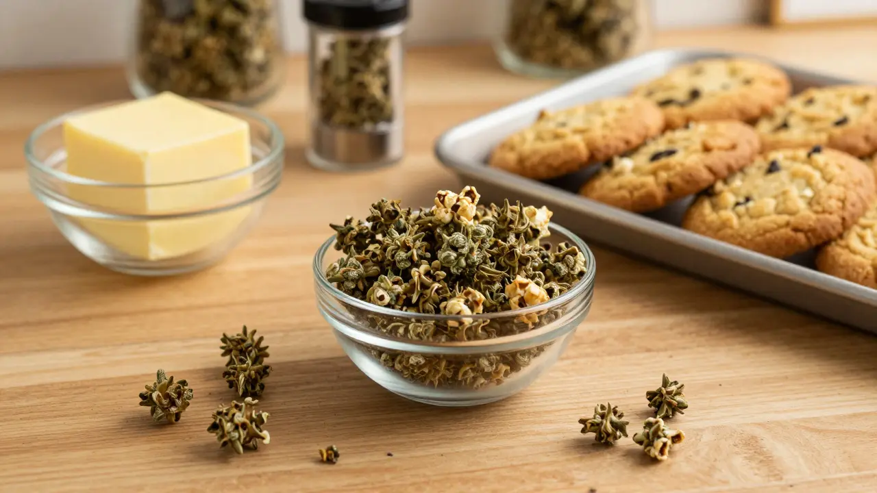 Domácí konopné cookies a miska s malými bobky na dřevěném stole v teplém osvětlení.