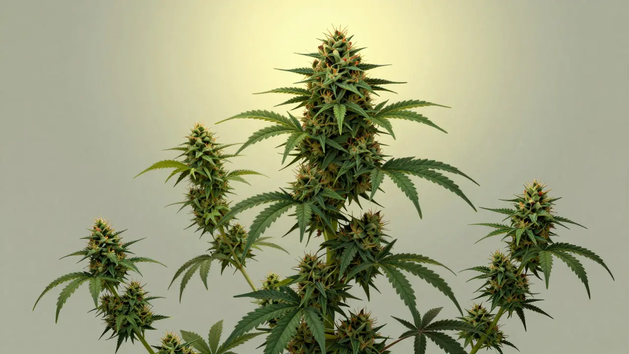 Ilustrace konopné rostliny ukazující růst velkých květů nahoře a malých bobků v dolních oblastech.