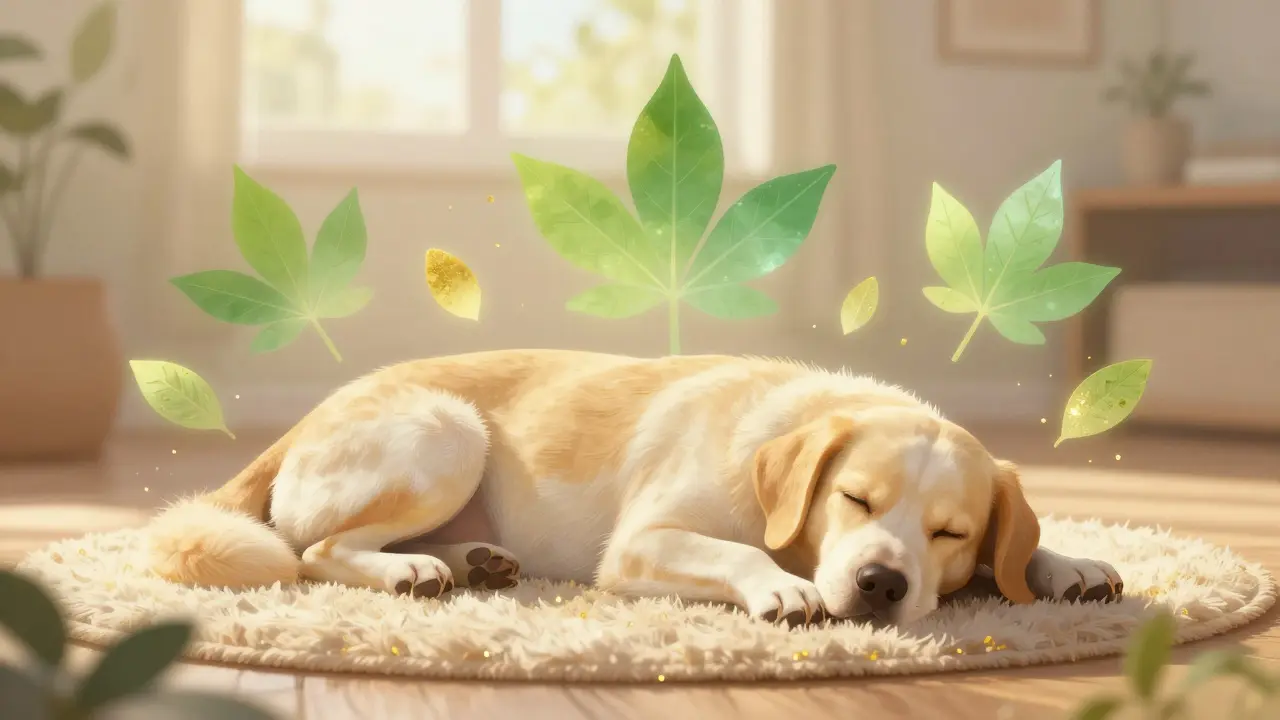 Klidně spící pes obklopený abstraktními zelenými listy a zlatým svitem.