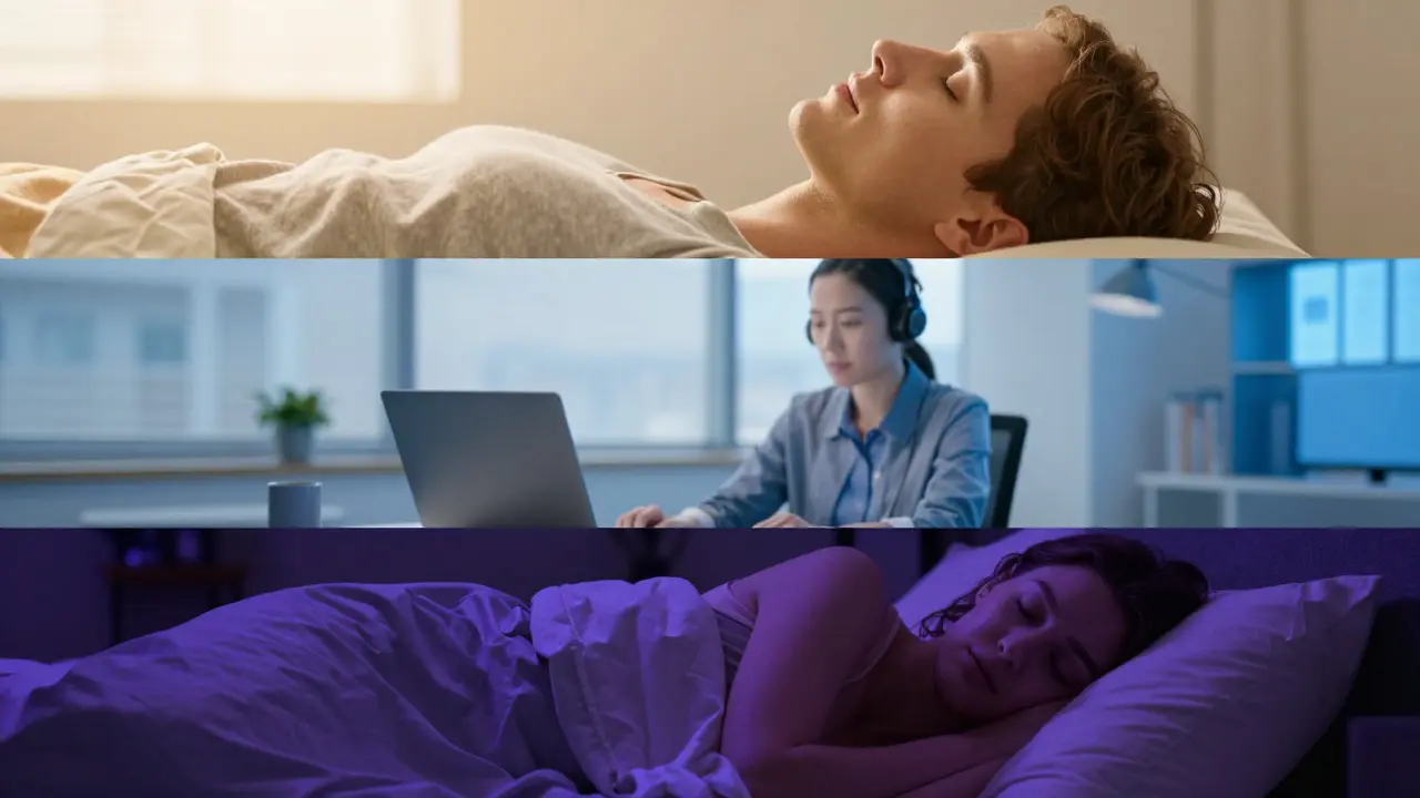 Koláž lidí v různých stavech: uvolnění, soustředění a hluboký spánek.